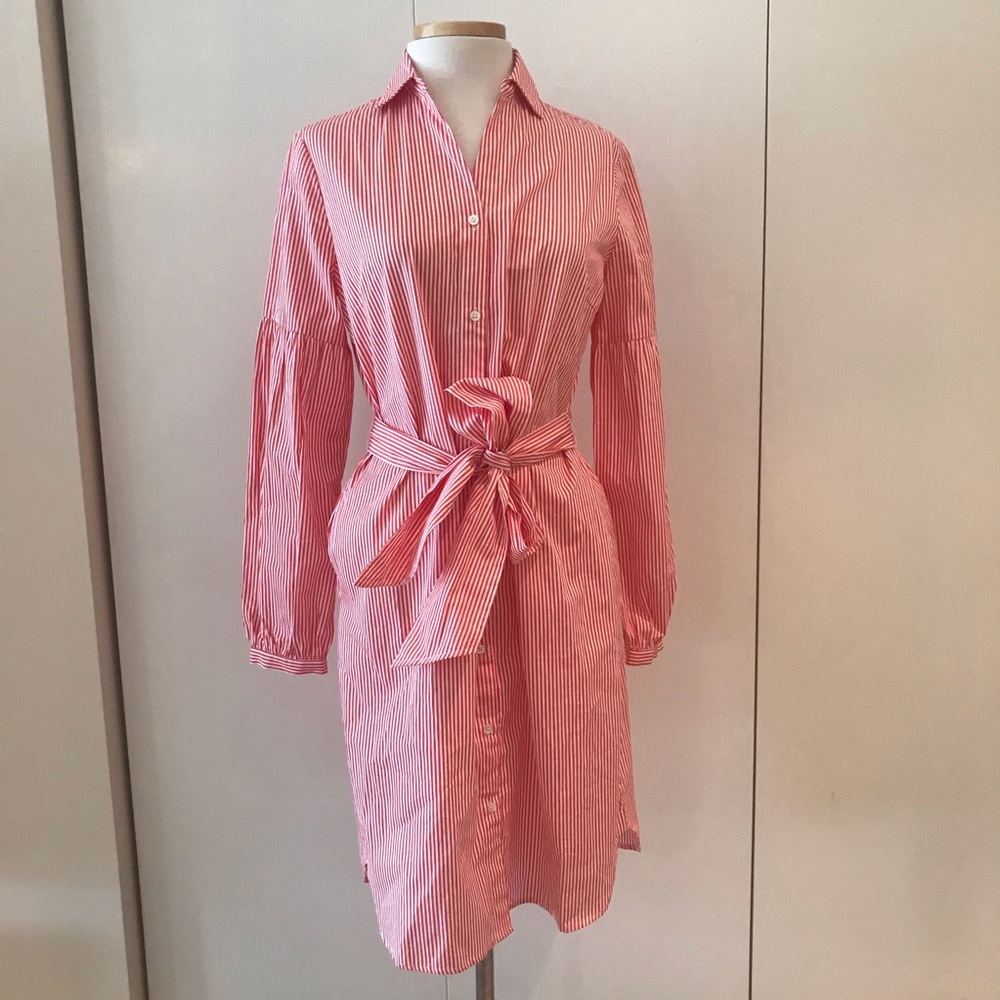 J. McLaughlin Millbury Cotton Red & White Stripe Tie Belt Midi Shirt Dress S NWT - Picture 3 of 16